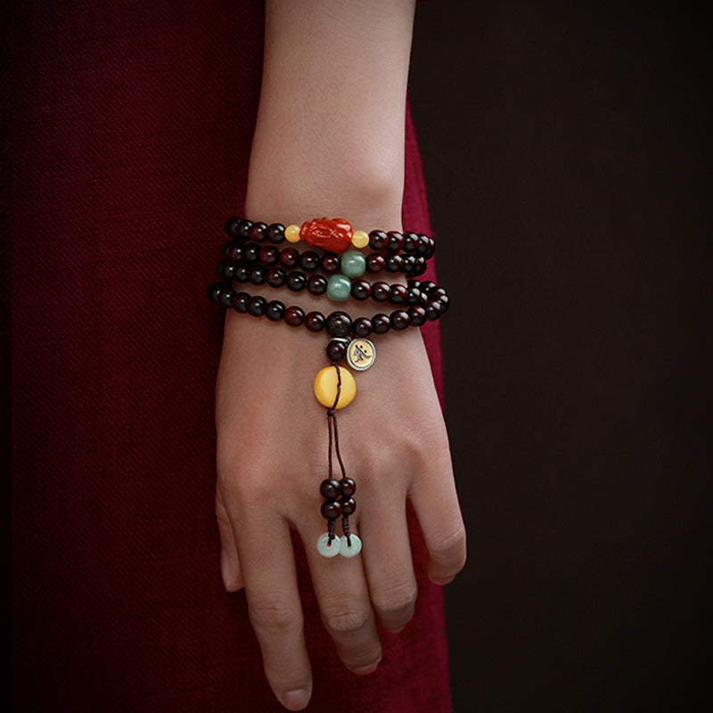 Buddha Stones Chinese Zodiac Natal Buddha 108 Mala Beads Small Leaf Red Sandalwood Red Agate PiXiu Protection Bracelet