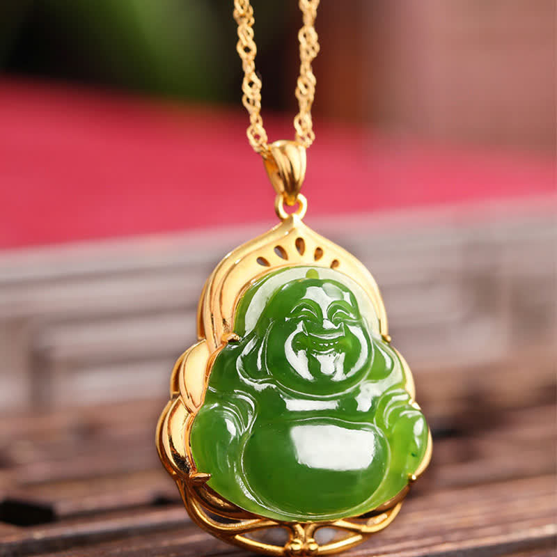 925 Sterling Silver Natural Hetian Cyan Jade Laughing Buddha 18K Gold Healing Necklace Chain Pendant