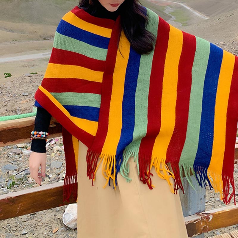 Buddha Stones Tibetan Colorful Striped Design Shawl Tassels Pullover Winter Cozy Travel Scarf Wrap