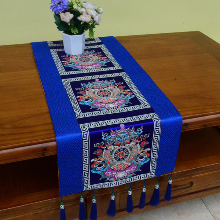 Buddha Stones Prayer Altar Mat Man-Bcu Kalachakra Endless Knot Vajra Tibetan Auspicious Symbols Tassels Table Runner