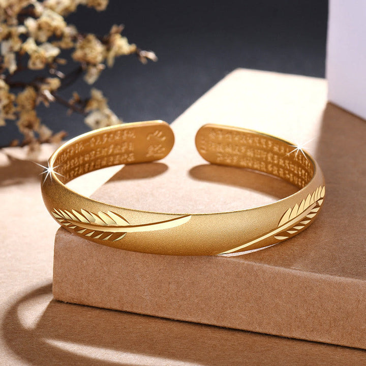 Buddha Stones Feather Heart Sutra Engraved Pattern Wealth Copper Cuff Bracelet Bangle