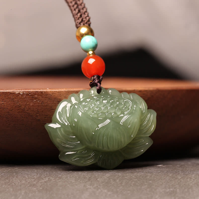 Buddha Stones Hetian Cyan Jade Lotus Flower Success Necklace Pendant