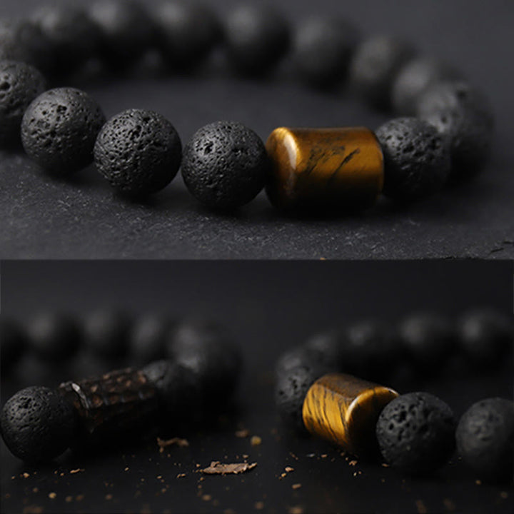 Buddha Stones Lava Rock Ebony Wood Tiger Eye Support Healing Bracelet