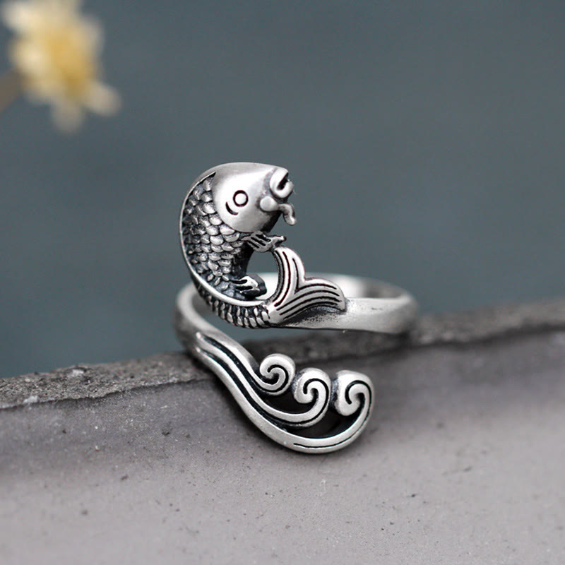 Buddha Stones 925 Sterling Silver Koi Fish Water Ripple Luck Wealth Ring