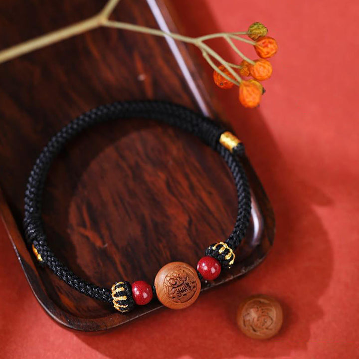 Buddha Stones Natural Peach Wood Chinese Zodiac Fu Character Carved Cinnabar Wealth Bracelet