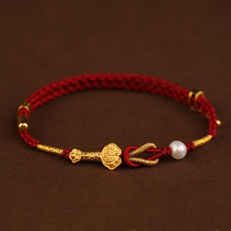 Buddha Stones 24K Gold Wish Ruyi Handle Fu Character Rabbit Pearl Luck Braided Bracelet