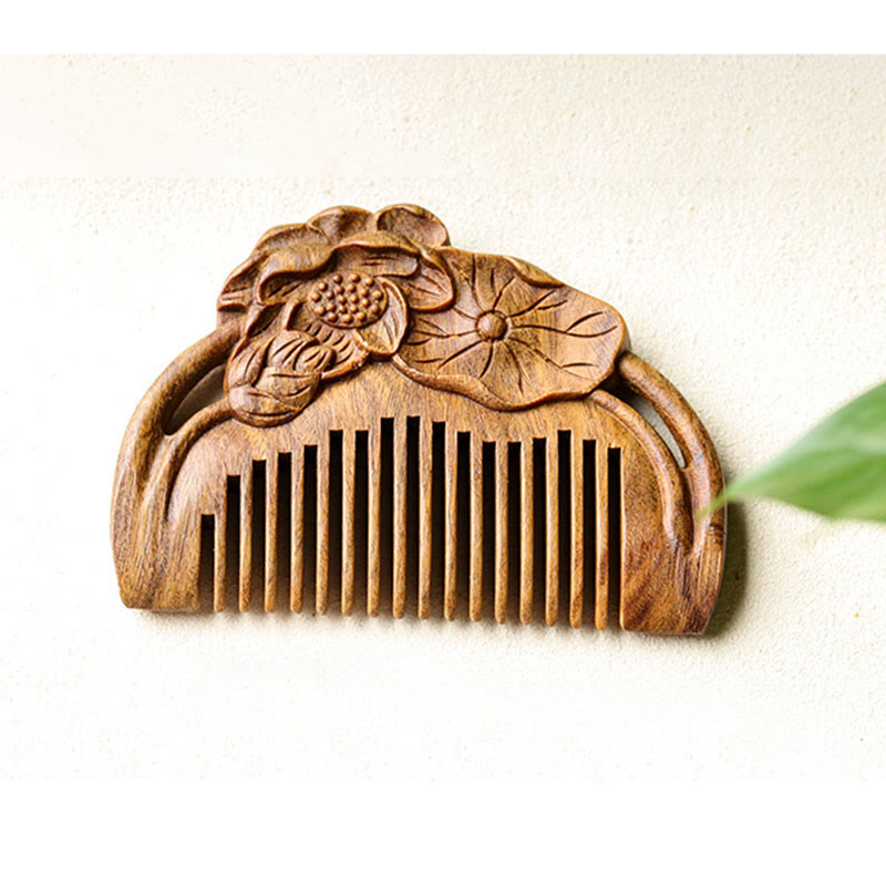 Natural Green Sandalwood Lotus Flower Leaf Engraved Soothing Comb