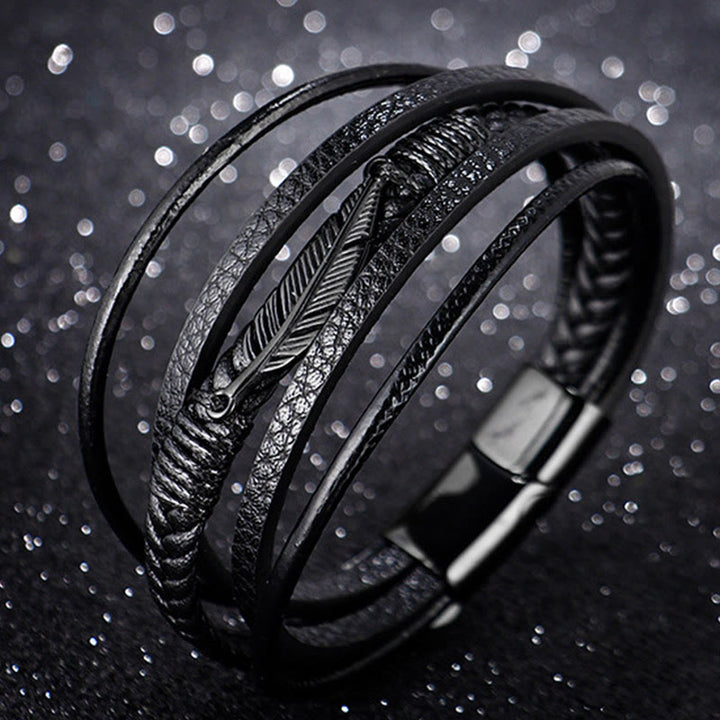 Buddha Stones Feather Pattern Multilayer Leather Titanium Steel Calm Braided Magnetic Buckle Bracelet