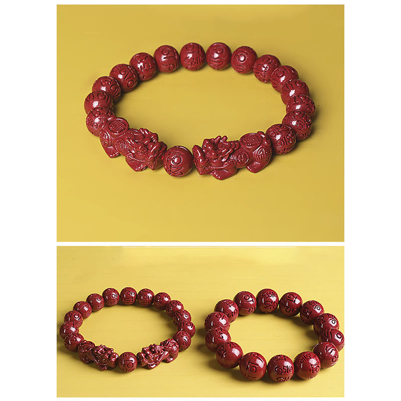 Natural Double PiXiu Cinnabar Om Mani Padme Hum Wealth Luck Bead Bracelet