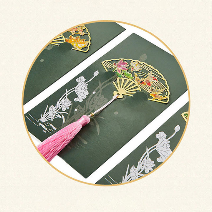 Buddha Stones Traditional Butterfly Lotus Flower Crane Dragon Phoenix Fox Koi Fish New Beginning Metal Brass Hollow Fan Bookmarks