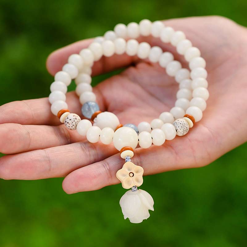 Buddha Stones Tibetan White Jade Bodhi Lotus Blessing Bracelet