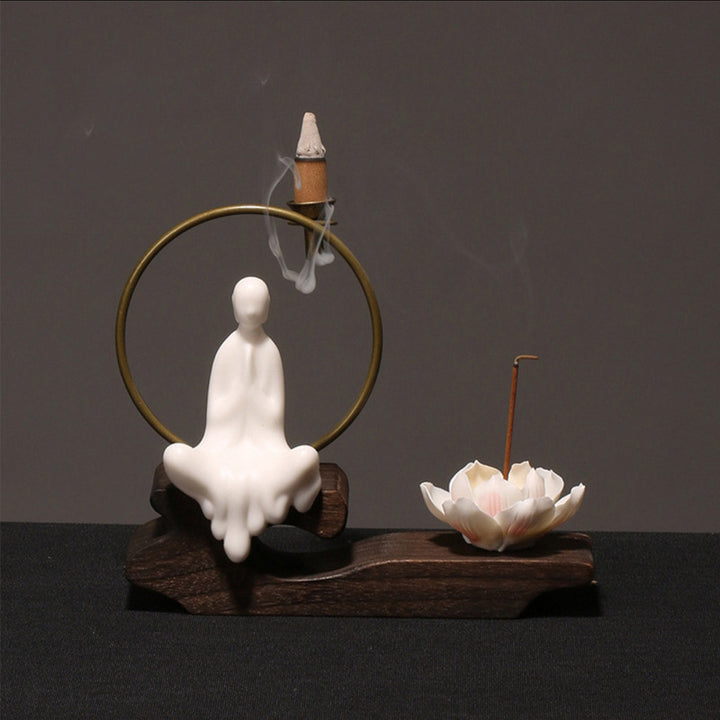 Buddha Stones Ceramic Lotus Healing Meditation Incense Burner Decoration