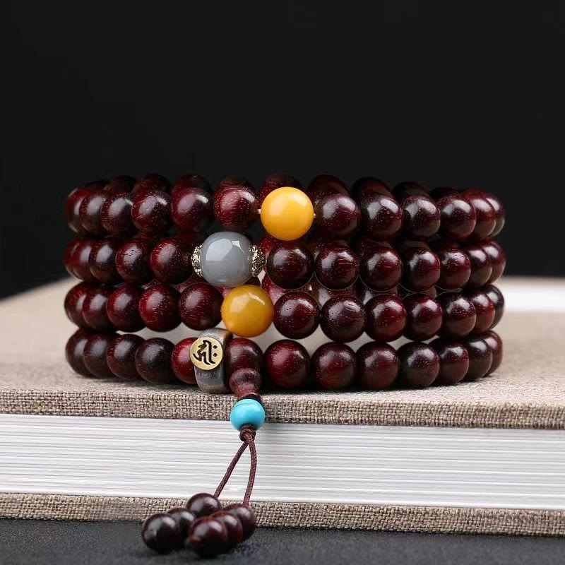 Buddha Stones 108 Mala Beads Chinese Zodiac Natal Buddha Small Leaf Red Sandalwood Gray Jade Protection Bracelet