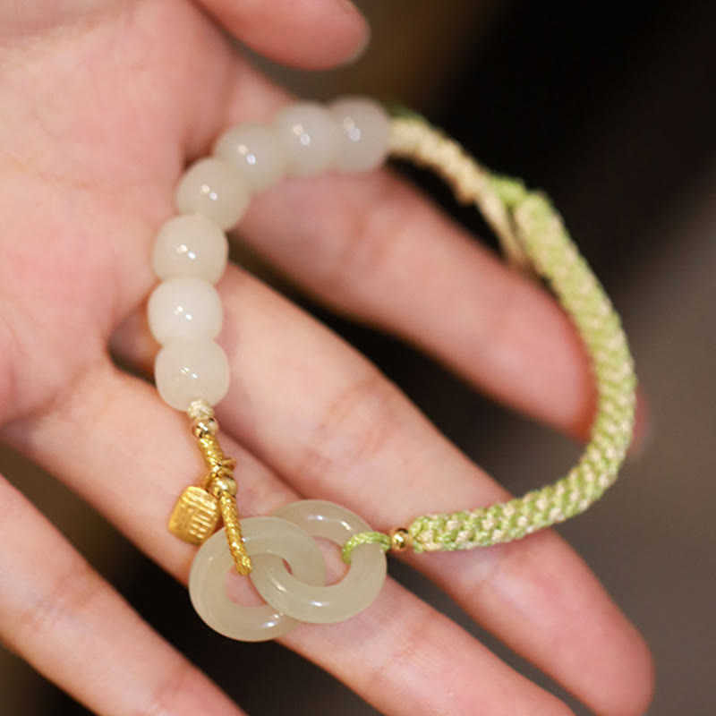 Buddha Stones Natural Hetian Jade Bead Double Peace Buckle Fu Character Abundance Braided Bracelet