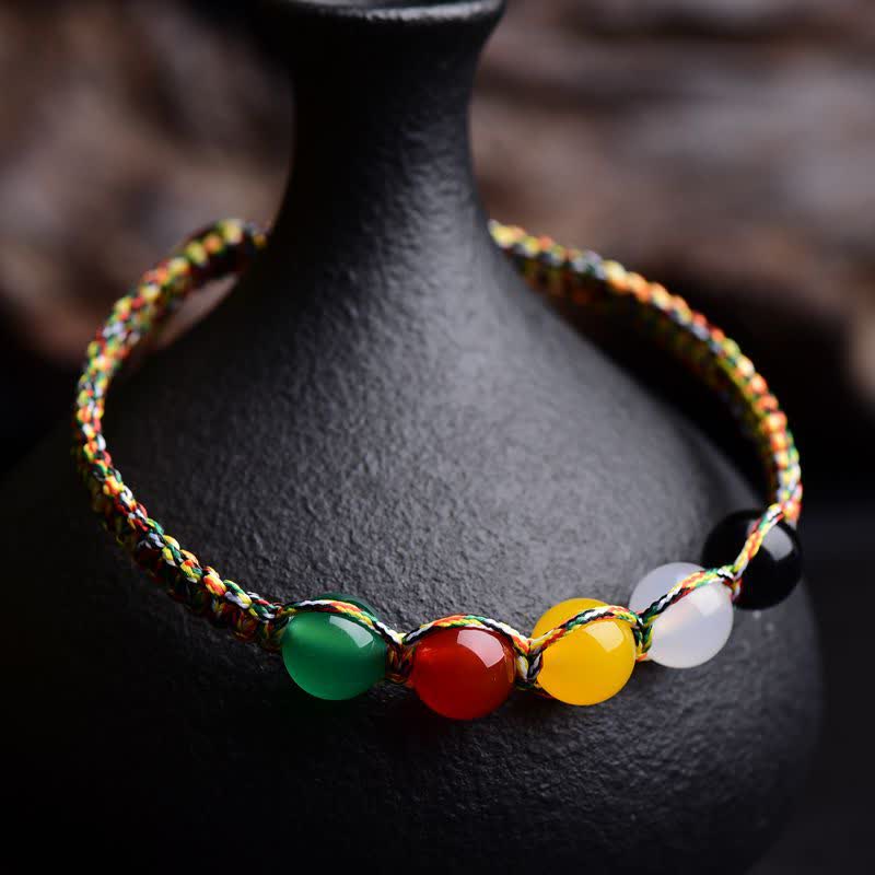 Colorful Agate Metal Wood Water Fire Earth Five Elements String Bracelet