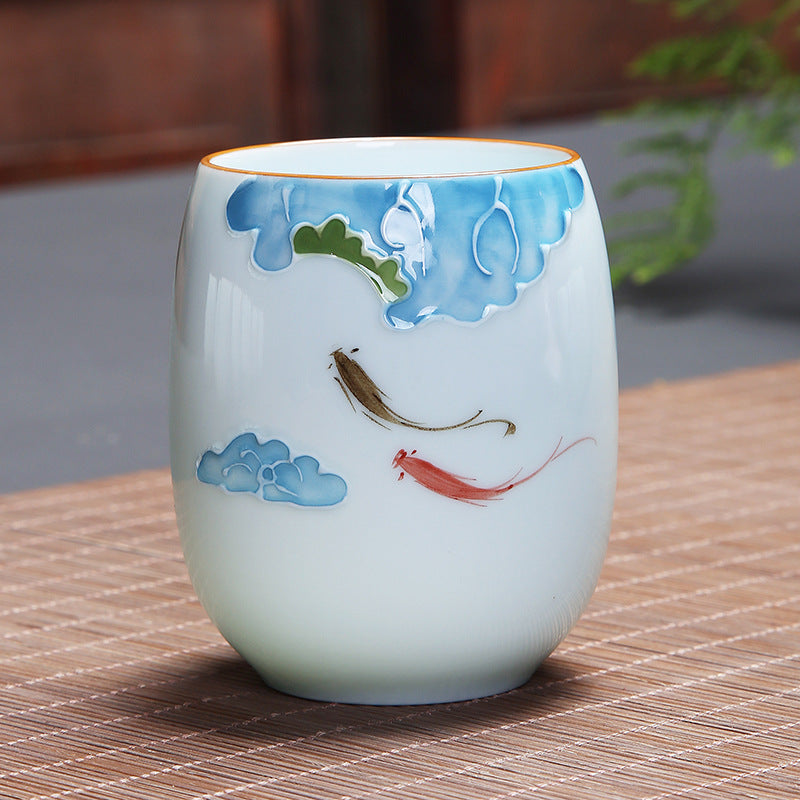 Buddha Stones Koi Fish Lotus Landscape Dandelion Peony Flower Ceramic Teacup Kung Fu Tea Cup