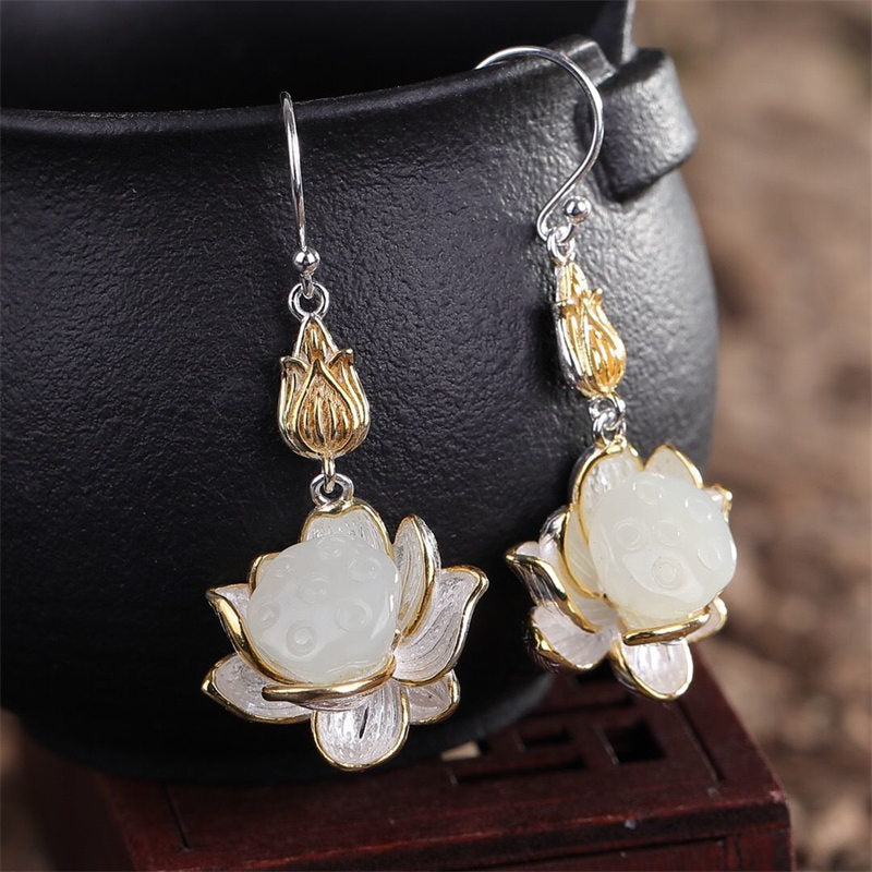 Buddha Stones White Jade Protection Harmony Drop Earrings