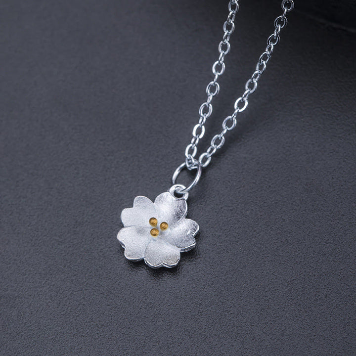 Buddha Stones 925 Sterling Silver Cherry Blossom Flower Blessing Necklace Pendant