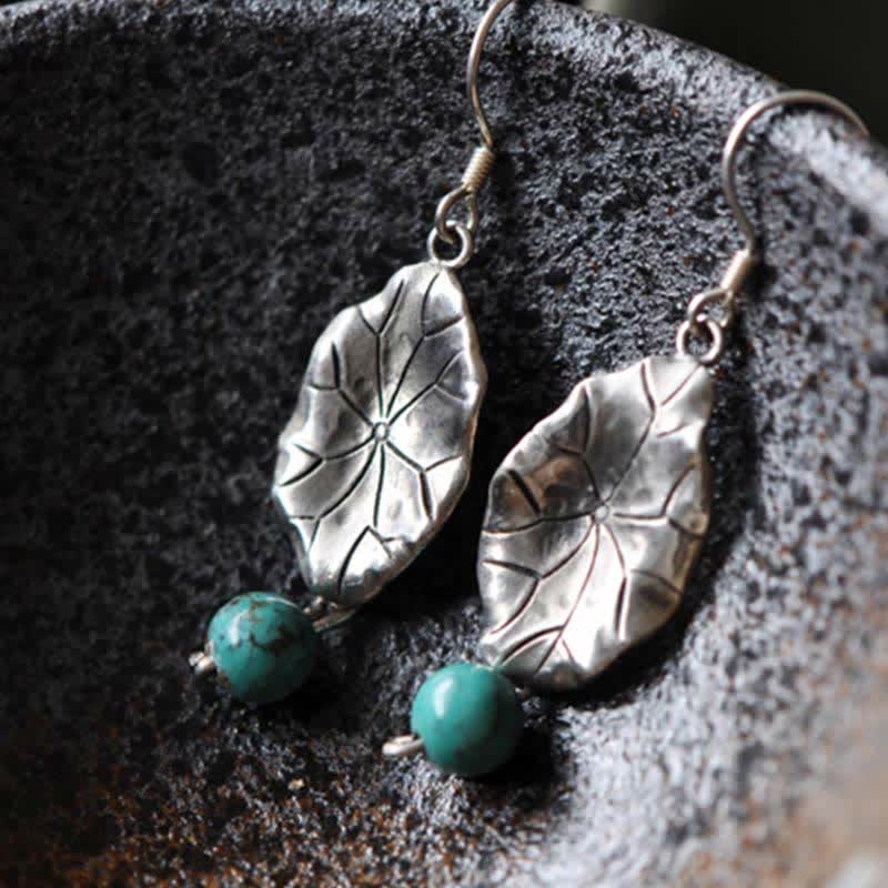 925 Sterling Silver Turquoise Lotus Leaf Protection Drop Dangle Earrings