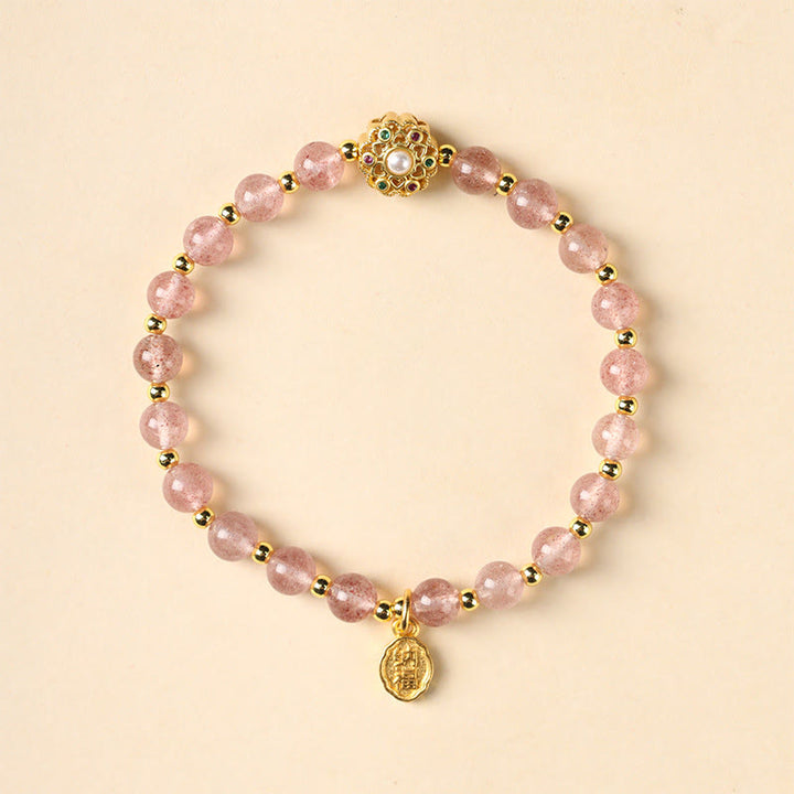 Buddha Stones 14K Gold Plated Natural Strawberry Quartz Labradorite Sun Stone Fu Character Positive Charm Bracelet