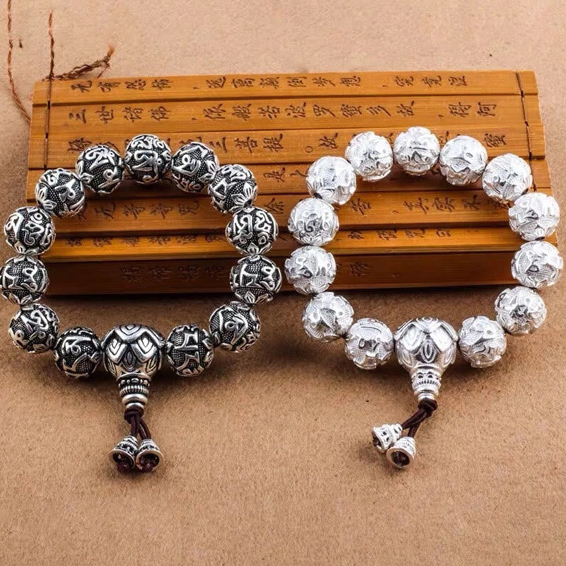 Buddha Stones Tibetan Om Mani Padme Hum Carved Alloy Beads Amulet Bracelet