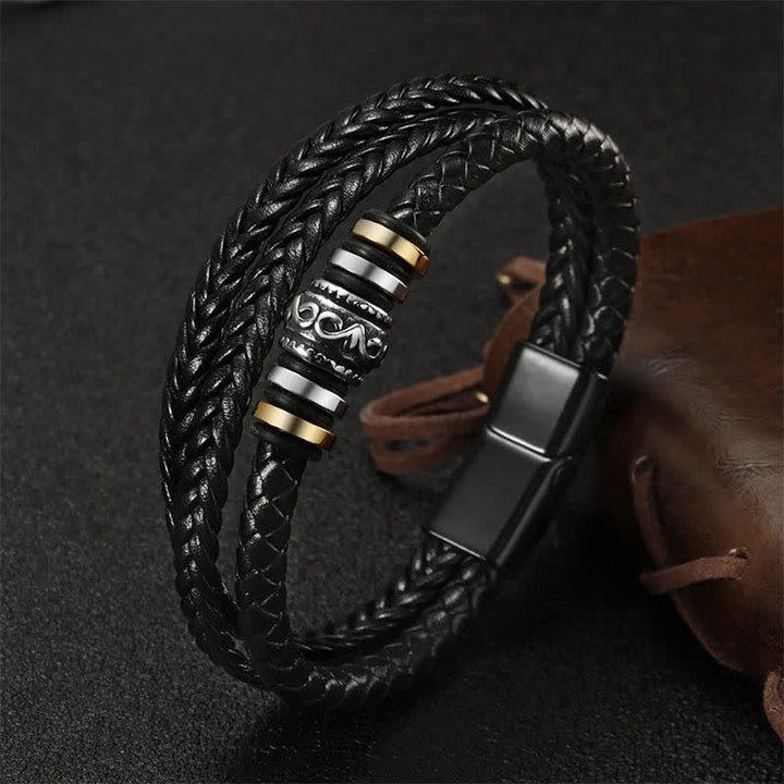 Buddha Stones Leather Layered Titanium Steel Balance Braided Bracelet