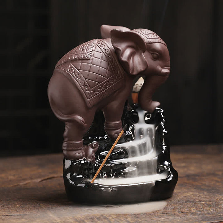 Tibetan Elephant Purple Clay Backflow Smoke Fountain Peace Healing Incense Burner Decoration