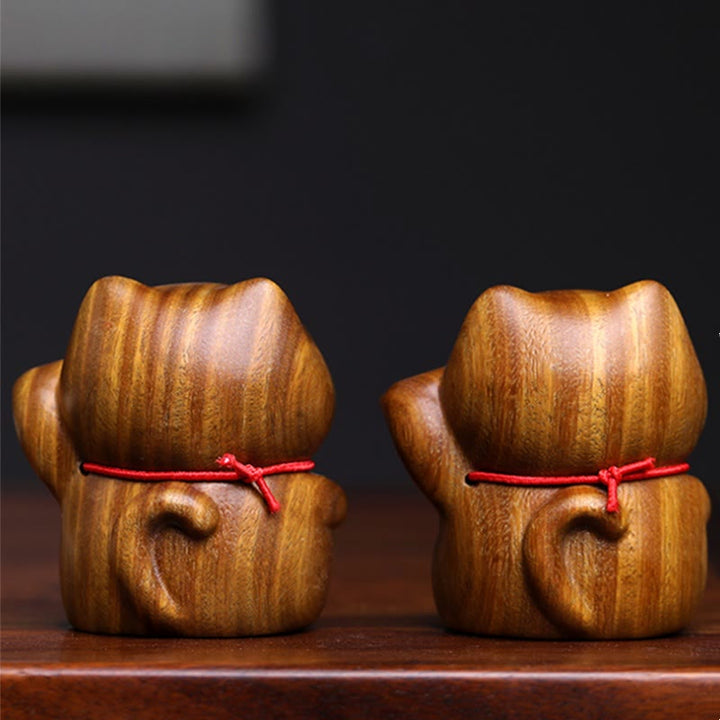 Buddha Stones Green Sandalwood Small Mini Cute Lucky Cat Peace Decorations