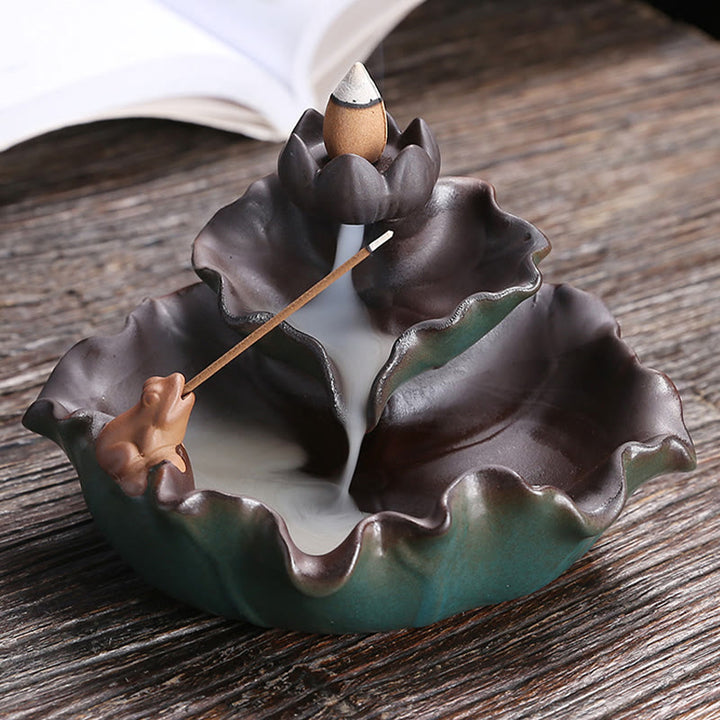 Buddha Stones Lotus Flower Leaf Frog Butterfly Pattern Healing Ceramic Incense Burner Decoration