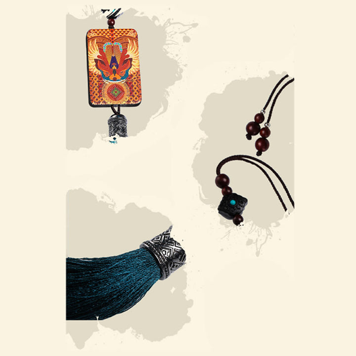 Buddha Stones PiXiu Ebony Wood Luck Wealth Tassel Car Hanging Decoration