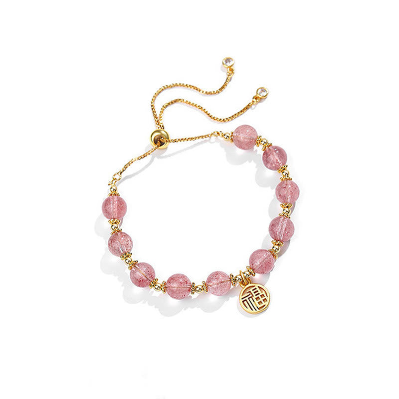 Buddha Stones 14K Gold Plated Natural Strawberry Quartz Fu Character Positive Charm Bracelet