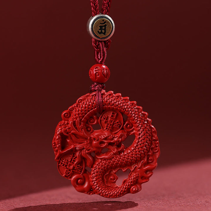 Buddha Stones Year of the Dragon 925 Sterling Silver Natural Cinnabar Copper Coin Luck Necklace Pendant