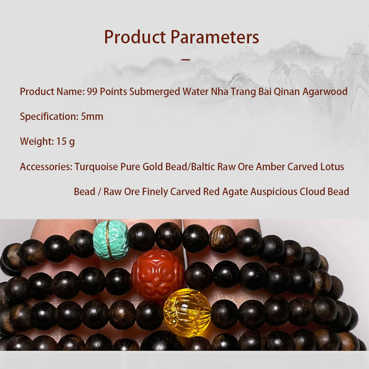 Buddha Stones Nha Trang Bai Qinan Agarwood Turquoise Amber Red Agate Strength Meditation Bracelet