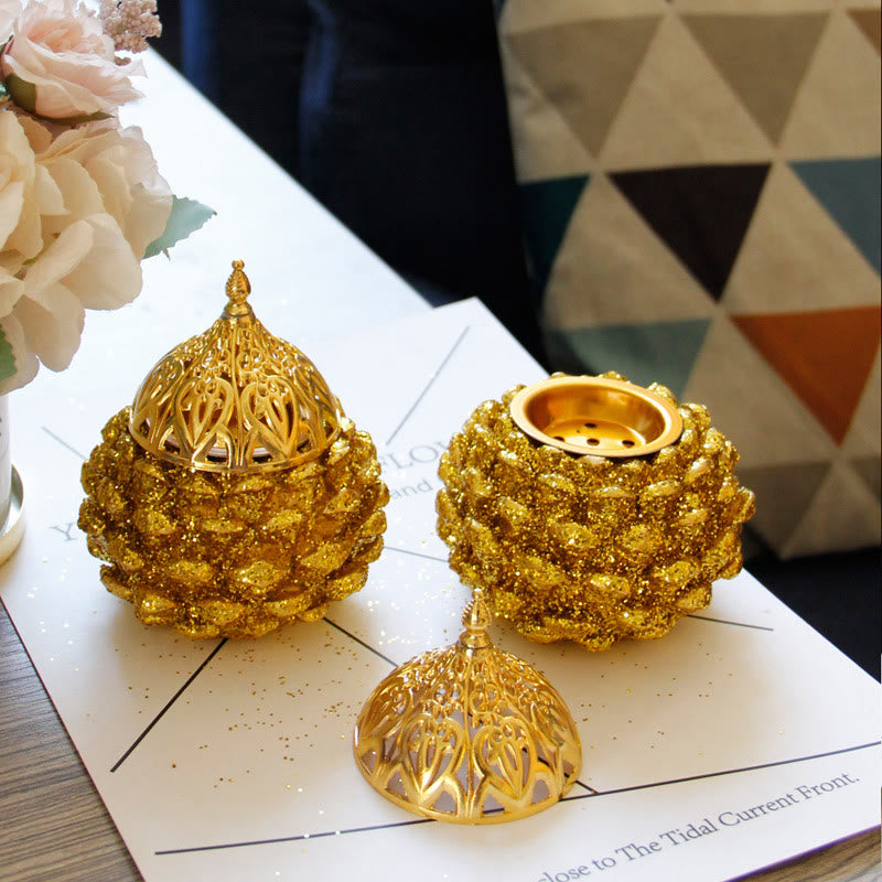 Gold Pine Cone Pattern Spiritual Rituals Mini Incense Burner Home Tabletop Decor