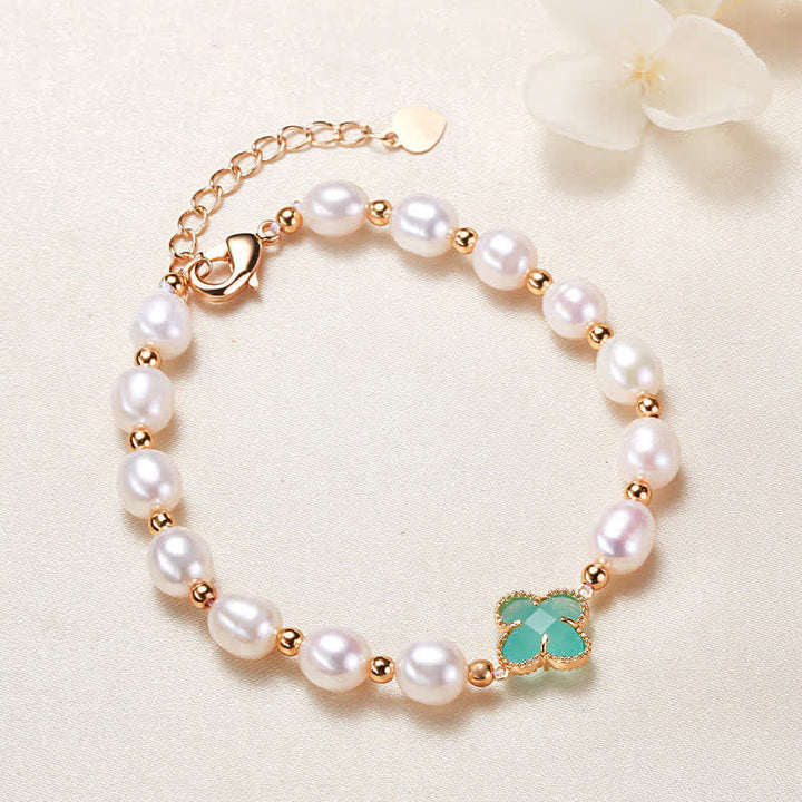 Buddha Stones Pearl Four Leaf Clover Wealth Chain Bracelet