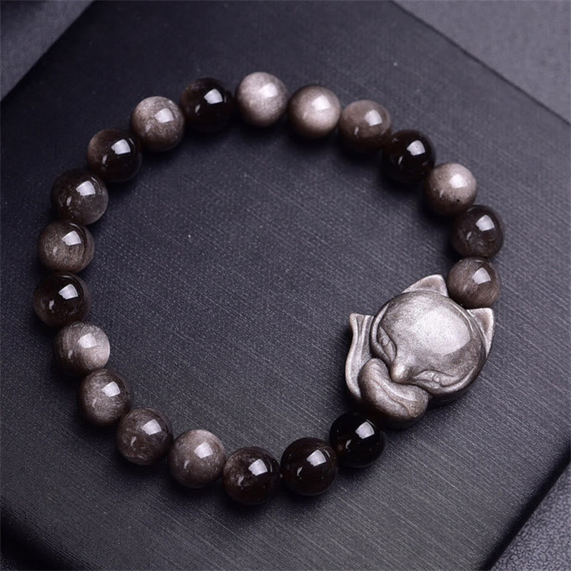 Buddha Stones Natural Silver Sheen Obsidian Fox Protection Bracelet