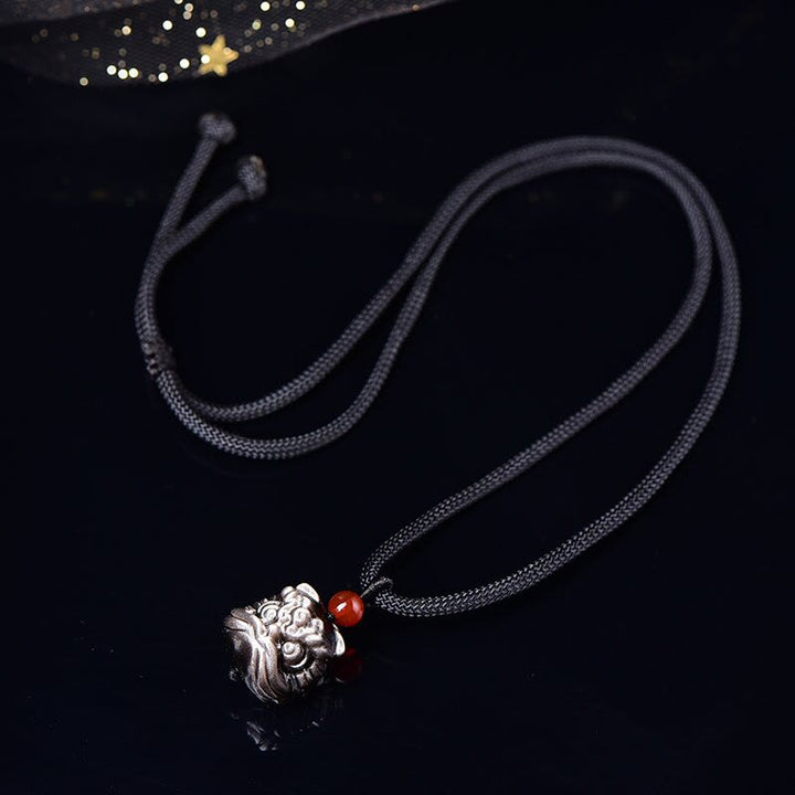 Buddha Stones Natural Silver Sheen Obsidian Dancing Lion Protection Necklace Pendant