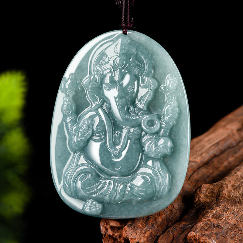 Buddha Stones Natural Jade Ganesh Ganpati Elephant Protection Amulet Necklace Pendant