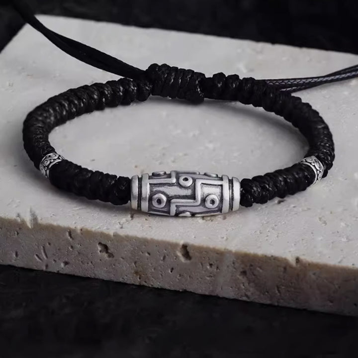 Buddha Stones 999 Sterling Silver Nine-Eye Dzi Bead Pattern Blessing Rope Bracelet