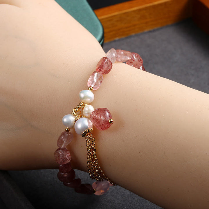 Natural Strawberry Quartz Pearl 14k Gold Plated Love Healing Bracelet