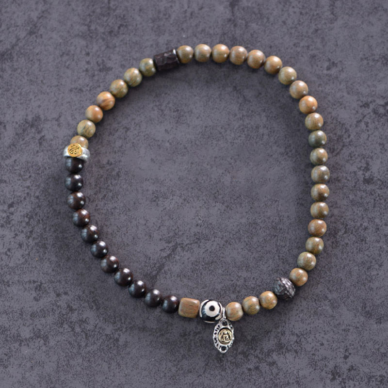 Buddha Stones Tibetan Green Sandalwood Ebony Wood Three-eyed Dzi Bead Fu Character Balance Peace Double Wrap Bracelet