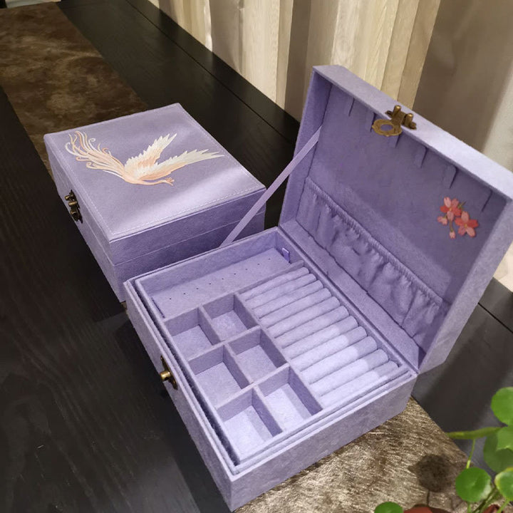 Buddha Stones Purple Phoenix Jewelry Box Organizer Two-Layer Jewelry Storage Box Flannel Box