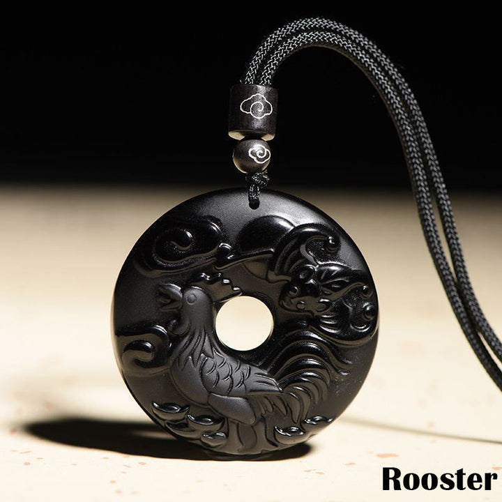 Buddha Stones Chinese Zodiac Natural Black Obsidian Peace Buckle Strength Necklace Pendant