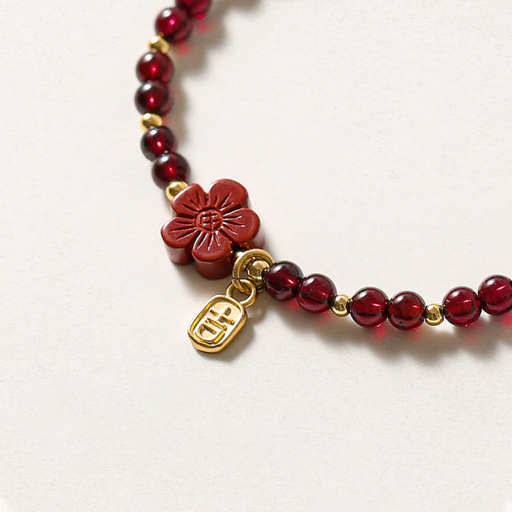 Buddha Stones 14K Gold Natural Garnet Cinnabar Flower Calm Bracelet