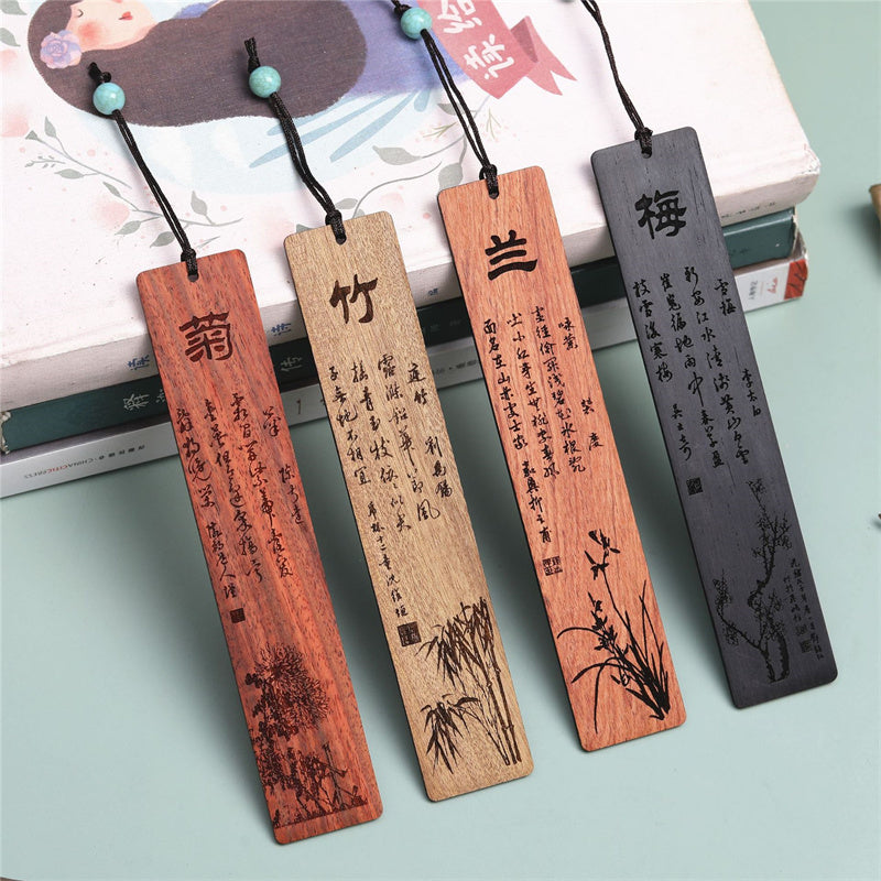 Buddha Stones Plum Orchid Bamboo Chrysanthemum Wood Bookmarks With Gift Box