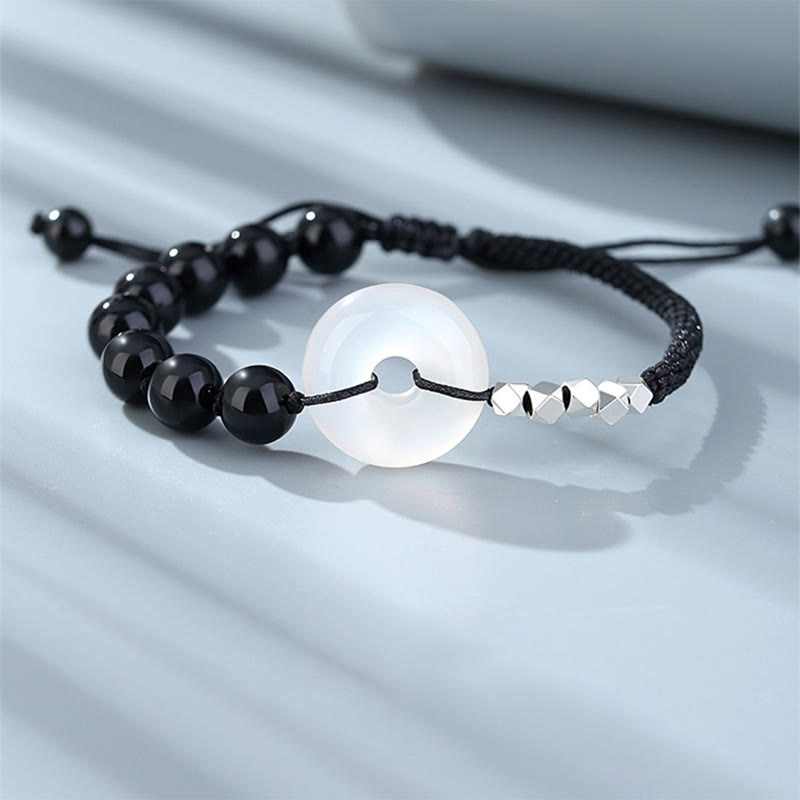 Buddha Stones 925 Sterling Silver Black Obsidian Agate Peace Buckle Strength Bracelet