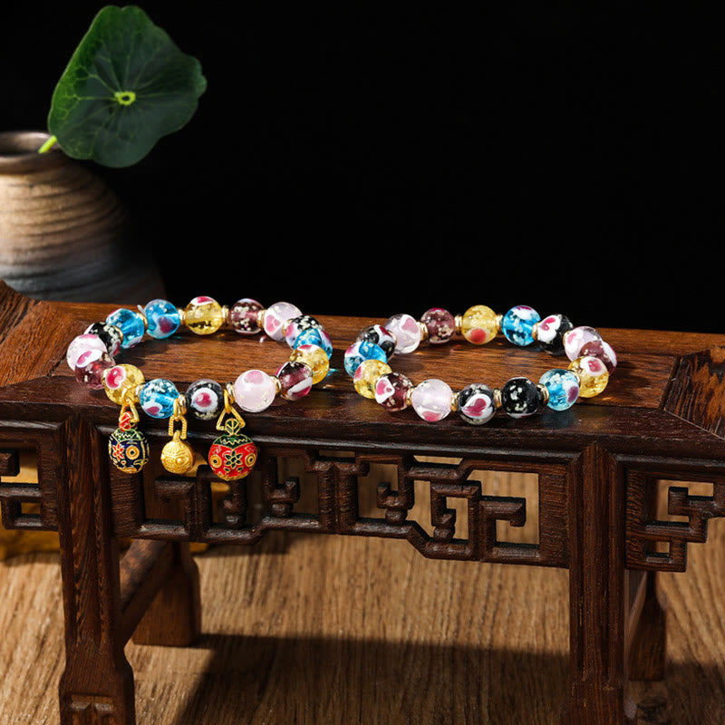 Buddha Stones Gold Swallowing Beast Family Pink Love Heart Luminous Fluorescent Liuli Glass Bead Bracelet