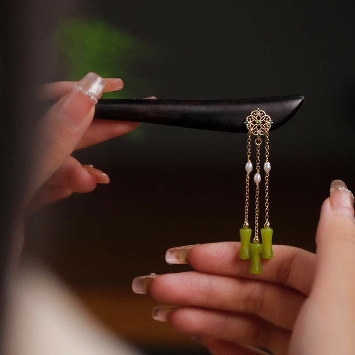 Buddha Stones Natural Peridot Ebony Wood Love Tassels Hairpin