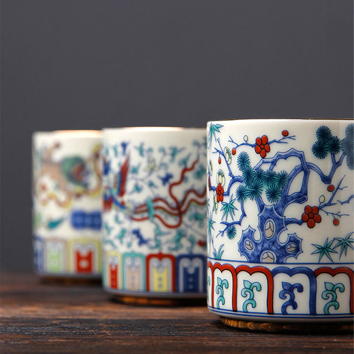 Buddha Stones Vintage Plum Blossom Pine Bamboo Phoenix Kirin Lion Dancing Ceramic Teacup Tea Cups