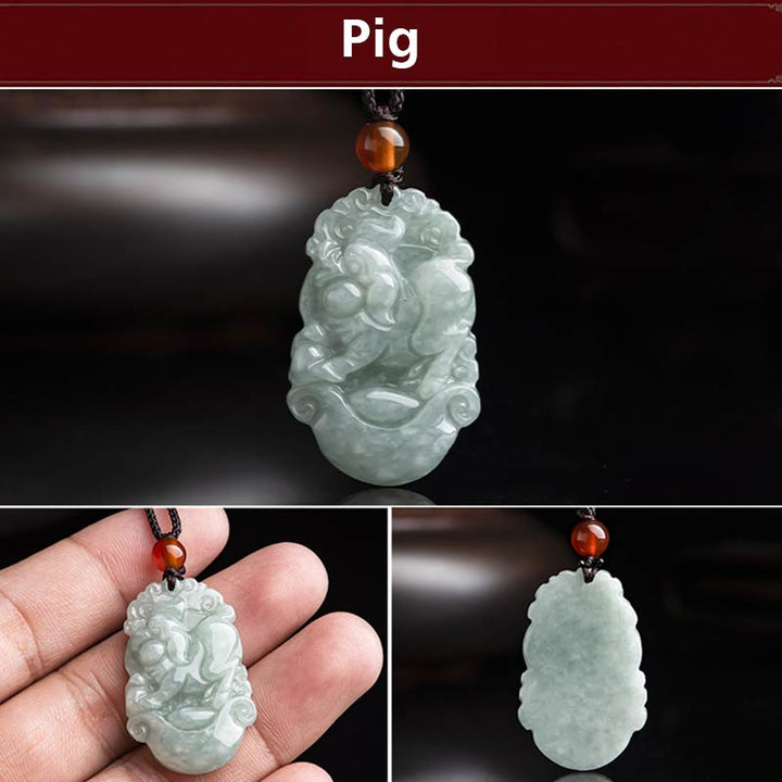 Buddha Stones Natural Jade 12 Chinese Zodiac Sucess Pendant Necklace